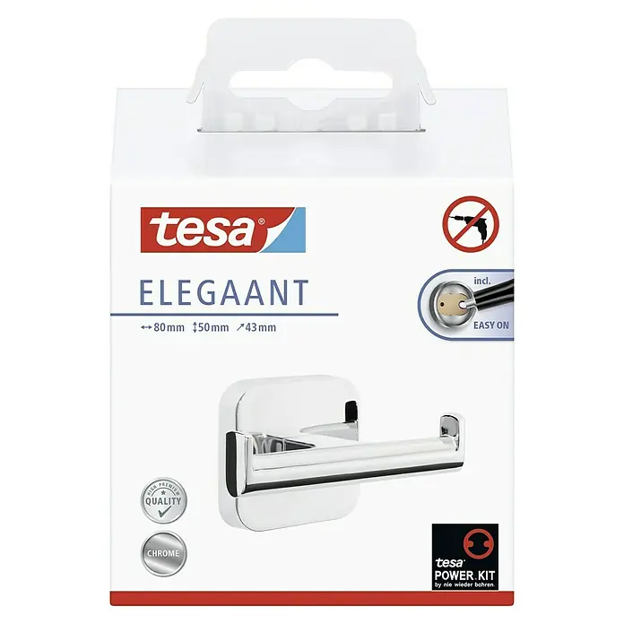 Tesa Elegaant Doppelhaken - Chrom, Glänzend - Verpackung einer Tesa Elegaant Chrom-Garderobenhaken, die eine einfache Anbringung ohne Bohren durch die Tesa Power.Kit Technologie verspricht.