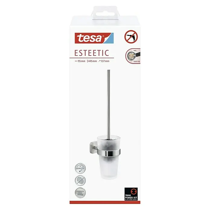 Tesa Esteetic WC-Bürstengarnitur - Mit Halterung, Glas, Verchromt - Verpackung einer Tesa ESTEETIC WC-Bürstengarnitur mit gebürstetem Edelstahl-Design, hochwertiger Qualität und einfacher Montage ohne Bohren.