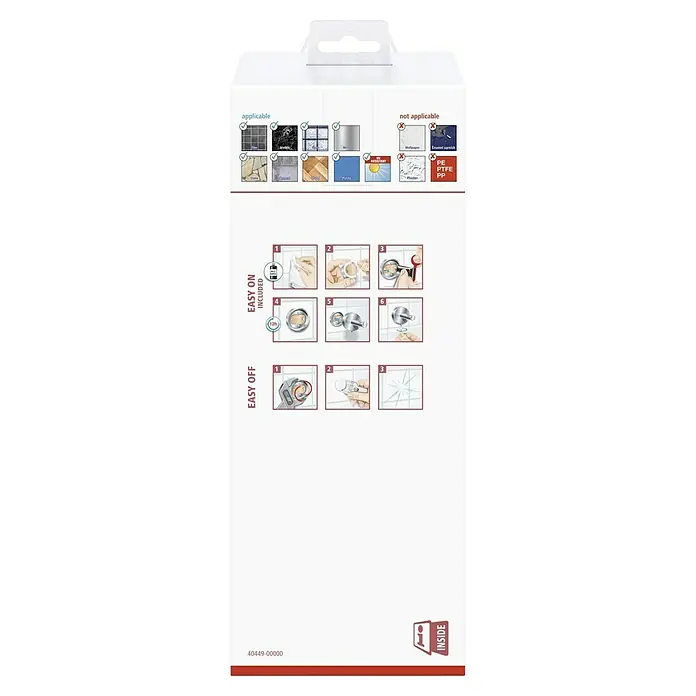 Tesa Esteetic WC-Bürstengarnitur - Mit Halterung, Glas, Verchromt - Anleitung auf der Verpackung für die einfache Montage und Demontage des Produkts auf verschiedenen Oberflächen.