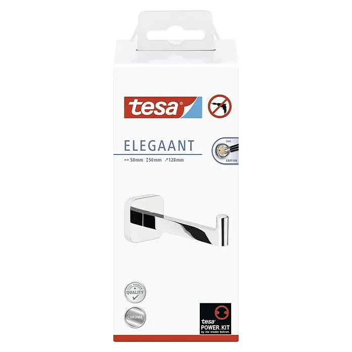 Tesa Elegaant Ersatzpapierrollenhalter - Länge: 5 cm, Montageart: Kleben - Verpackung einer Tesa Elegaant Chrom Kleiderhaken, inklusive Power Kit für die einfache und bohrfreie Montage mit hoher Qualität.