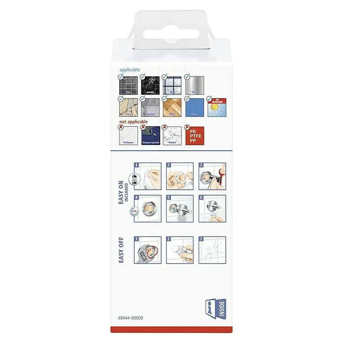 Tesa Elegaant Ersatzpapierrollenhalter - Länge: 5 cm, Montageart: Kleben - Produktverpackung mit Informationen zur Anwendbarkeit auf Oberflächen, Montage- und Demontageanleitung des Produkts.