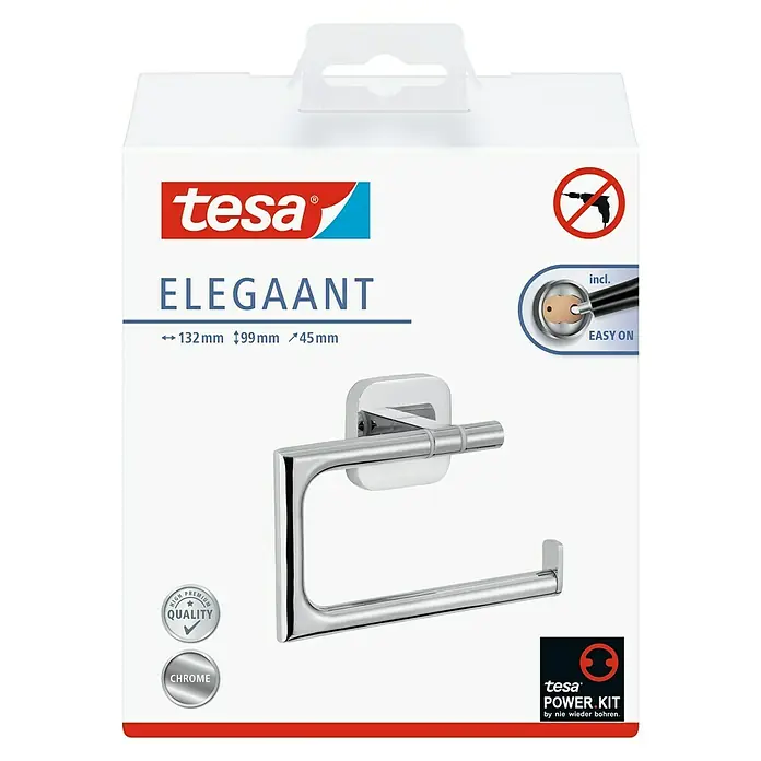 Tesa Elegaant Toilettenpapierhalter - Ohne Deckel, Chrom, Glänzend - Bild eines Tesa Elegaant Toilettenpapierhalters, der eine elegante und bohrfreie Lösung für Ihr Badezimmer bietet.