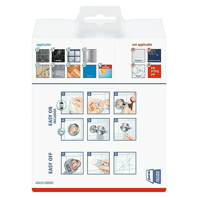 Tesa Elegaant Toilettenpapierhalter - Ohne Deckel, Chrom, Glänzend - Die Rückseite der Produktverpackung zeigt Anwendungs- und Demontagehinweise für eine einfache Installation.