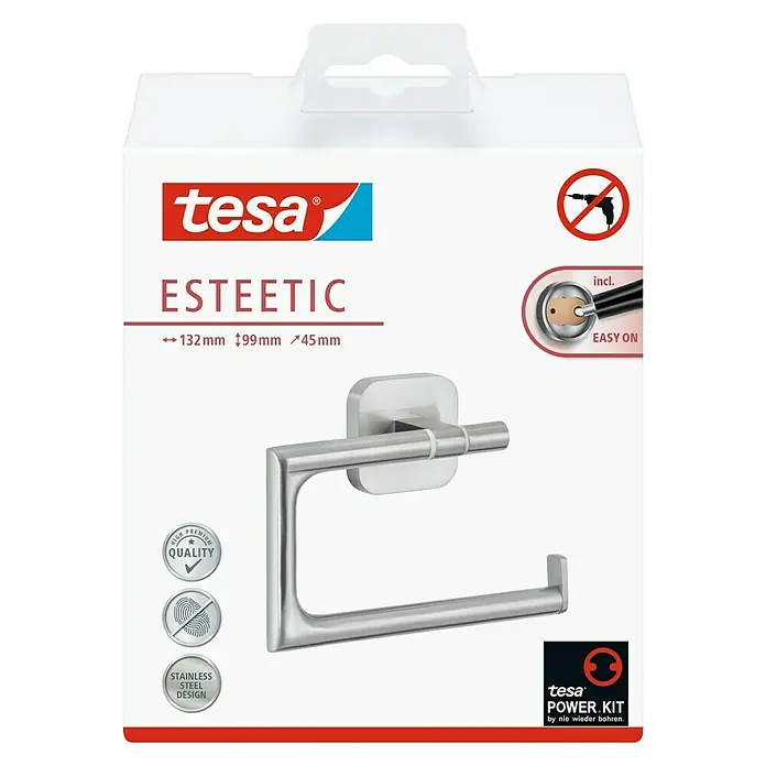 Tesa Esteetic Toilettenpapierhalter - Ohne Deckel, Edelstahl, Verchromt - Verpackung eines Tesa Esteetic Toilettenpapierhalters aus Edelstahl, der sich durch hochwertige Qualität und modernes Design auszeichnet.