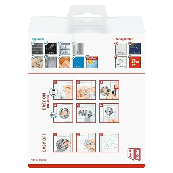 Tesa Esteetic Toilettenpapierhalter - Ohne Deckel, Edelstahl, Verchromt - Produktverpackung mit Anwendungs- und Entfernungshinweisen sowie Informationen zu geeigneten Oberflächen.