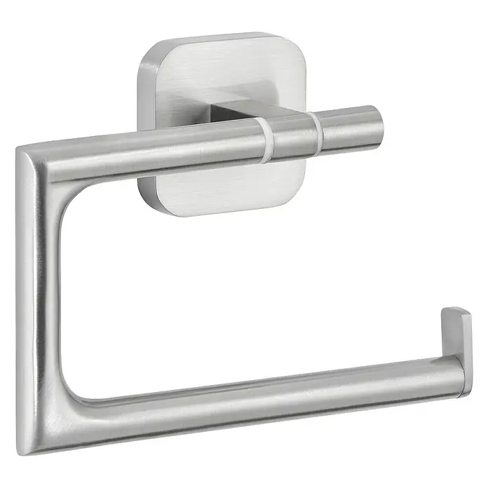 Tesa Esteetic Toilettenpapierhalter - Ohne Deckel, Edelstahl, Verchromt - Detailaufnahme eines silbernen, modernen Toilettenpapierhalters mit quadratischer Wandhalterung vor schwarzem Hintergrund.