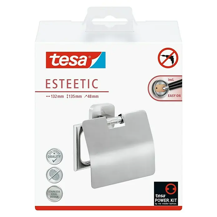 Tesa Esteetic Toilettenpapierhalter - Mit Deckel, Edelstahl, Verchromt - Abbildung einer Tesa ESTEETIC Toilettenpapierhalterung, die durch ihr edles, rostfreies Design und einfache Montage ohne Bohren besticht.