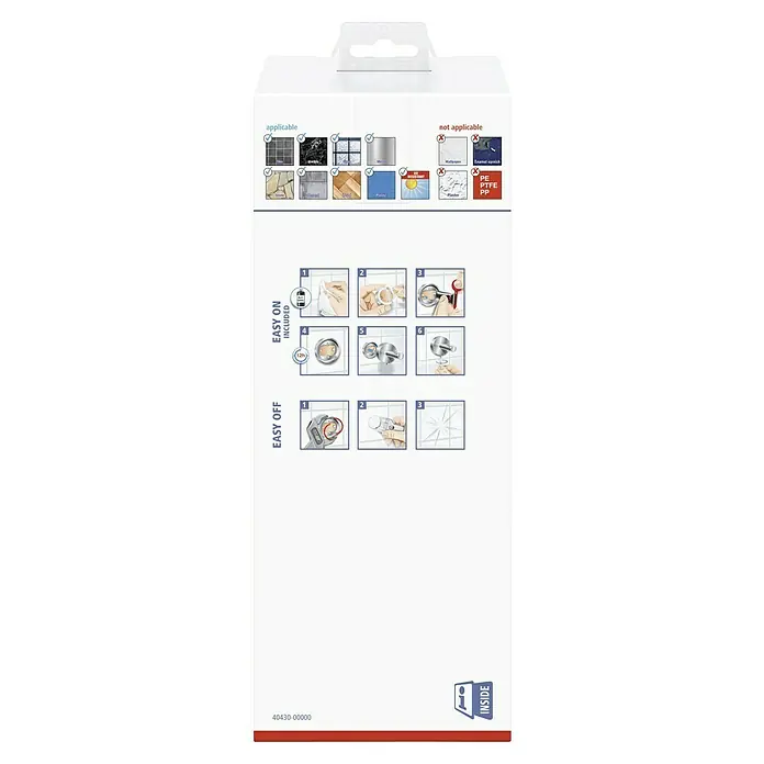 Tesa Elegaant WC-Bürstengarnitur - Glas, Verchromt - Rückseite der Produktverpackung, die Anwendungsbereiche, Montageanleitung und Demontageanleitung des Produkts zeigt.