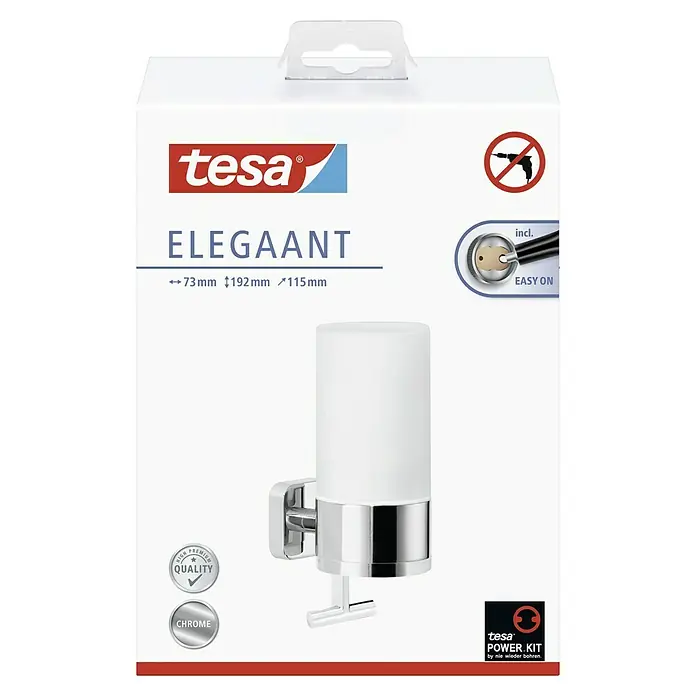Tesa Elegaant Seifenspender - Mit Halterung, Satiniert/Chrom, Glänzend - Verpackung eines Tesa Elegaant Wand-Seifenspenders in Chrom-Optik zur einfachen Montage ohne Bohren.