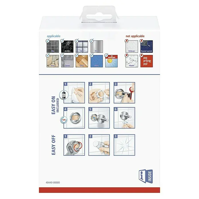 Tesa Elegaant Seifenspender - Mit Halterung, Satiniert/Chrom, Glänzend - Produktverpackung zeigt die Anwendbarkeit auf Fliesen, Marmor, Glas, Metall, Stein, Zement, Holz, Kunststoff und UV-beständige Oberflächen.