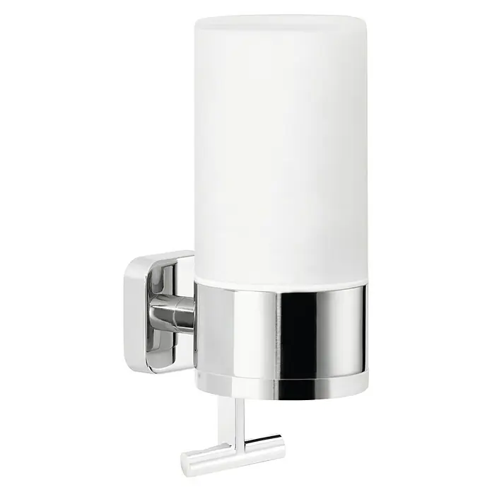 Tesa Elegaant Seifenspender - Mit Halterung, Satiniert/Chrom, Glänzend - Ein moderner, verchromter Wandbecherhalter mit einem zylindrischen, satinierten Glasbehälter für Badezimmeraccessoires.