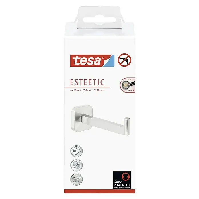 Tesa Esteetic Ersatzpapierrollenhalter - Edelstahl, Glänzend - Die Verpackung für den Tesa Esteetic Haken, ein stilvolles, hochwertiges Badaccessoire zur Wandmontage ohne Bohren.