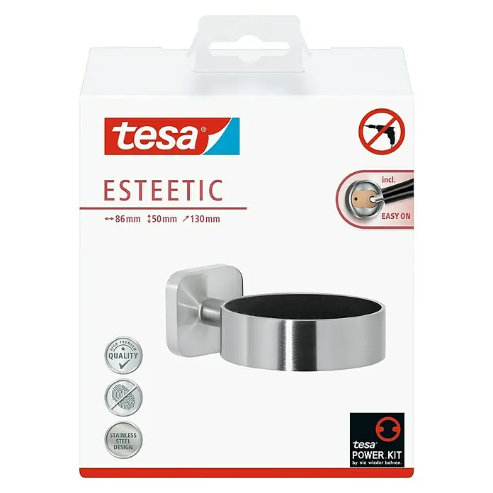 Tesa Esteetic Fönhalter - Edelstahl, Glänzend - Bild einer Tesa ESTEETIC Verpackung, die einen eleganten, rostfreien Edelstahl-Seifenhalter mit einfacher Montage zeigt.