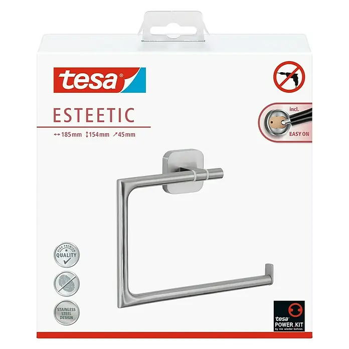 Tesa Esteetic Handtuchring - Edelstahl, Verchromt - Verpackung der Tesa Esteetic Toilettenpapierhalterung aus Edelstahl mit der innovativen Tesa Power.Kit Klebelösung für einfache Montage ohne Bohren.