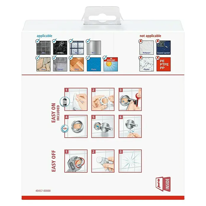 Tesa Esteetic Handtuchring - Edelstahl, Verchromt - Informationen zur Anbringung und Entfernung des Produkts, einschließlich geeigneter Oberflächen und Anweisungen.
