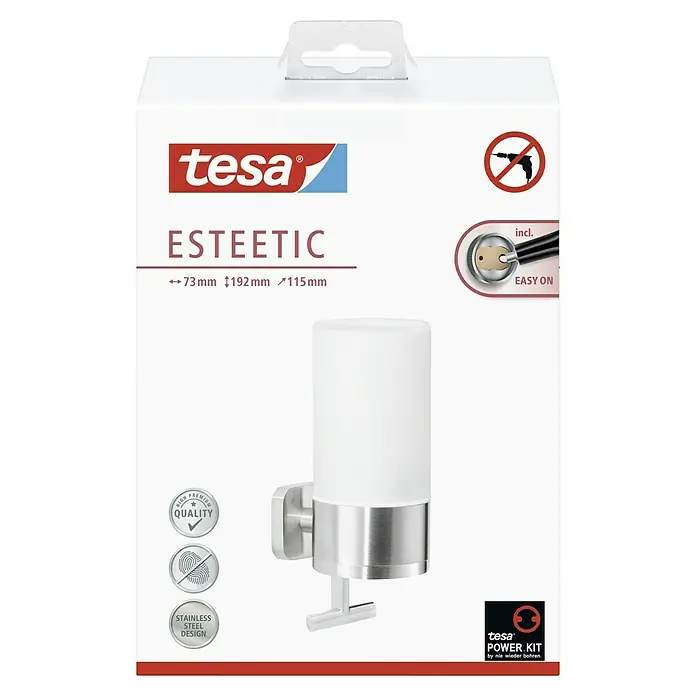 Tesa Esteetic Seifenspender - Mit Halterung, Satiniert/Chrom, Glänzend - Produktverpackung für Tesa ESTEETIC: Moderner Zahnputzbecher zur Wandmontage im Badezimmer, ohne Bohren dank Power.Kit Technologie.