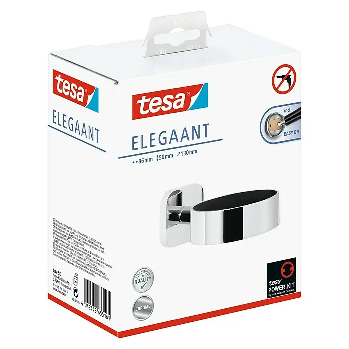 Tesa Elegaant Fönhalter - Chrom, Glänzend - Die Verpackung eines Tesa Elegaant Chrom-Handtuchhalters mit Power Kit, der ohne Bohren an der Wand befestigt werden kann.