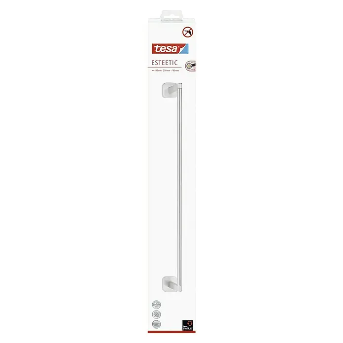 Tesa Esteetic Handtuchstange - Breite: 63 cm, Edelstahl, Glänzend - Produktabbildung der Tesa Esteetic Handtuchstange: Eine stilvolle Lösung für Ihr Badezimmer, die ohne Bohren installiert werden kann.
