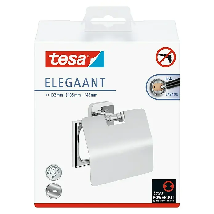 Tesa Elegaant Toilettenpapierhalter - Mit Deckel, Chrom, Glänzend - Bild einer Tesa Elegaant Toilettenpapierhalterung in Chrom, verpackt in einer weißen Schachtel mit Produktinformationen und Markenlogo.