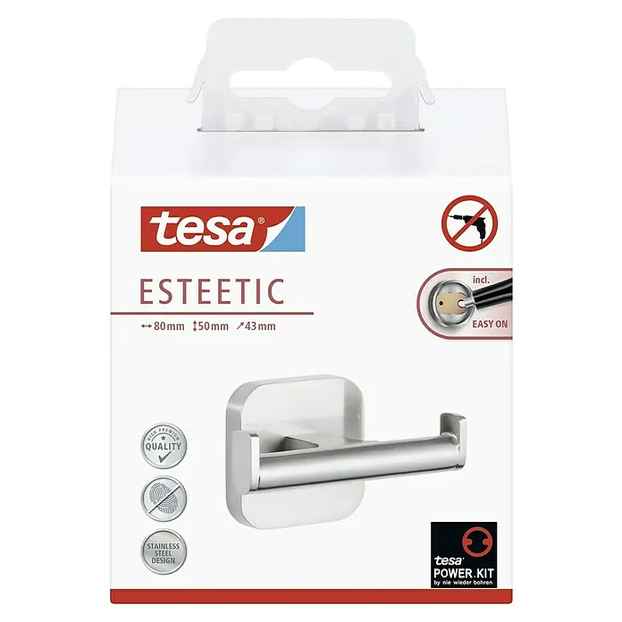 Tesa Esteetic Doppelhaken - Edelstahl, Glänzend - Verpackung eines Tesa ESTEETIC Handtuchhalters mit Power.Kit-Technologie für die Installation ohne Bohren, aus Edelstahl, elegantes Design.