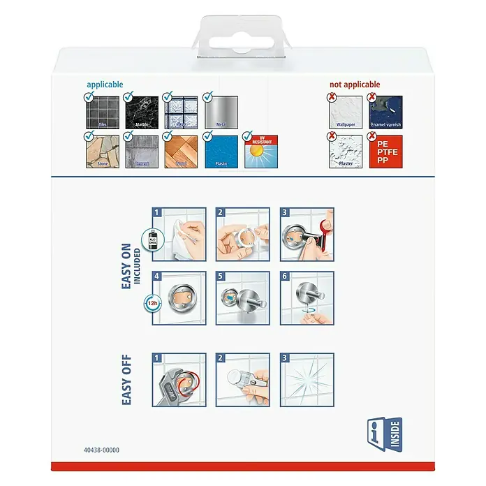 Tesa Elegaant Handtuchring - Chrom - Eine detaillierte Produktverpackung, die Anwendungs- und Montagehinweise für ein Befestigungselement zeigt.