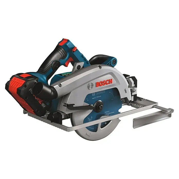 Bosch Professional AMPShare 18V Akku-Handkreissäge GKS 18V-68 GC Solo - 18 V, Ohne Akku, Durchmesser Sägeblatt: 190 mm, Leerlaufdrehzahl: 2.500 U/min - 5.000 U/min - Akkukreissäge Bosch mit blauem Sägeblatt und rotem und blauem Gehäuse. Ein professionelles Werkzeug für präzise Holzarbeiten.