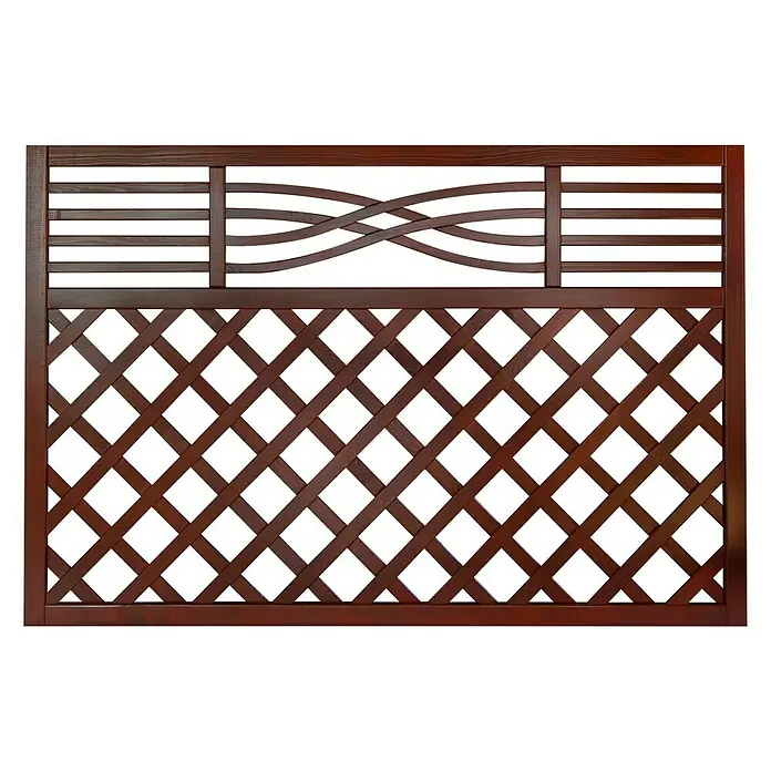 Andrewex Sichtschutzelement Malaga - 180 x 120 cm, Braun - Holzzaun mit dekorativem Gittermuster. Der Zaun ist braun und hat eine interessante Struktur mit horizontalen und geschwungenen Elementen.