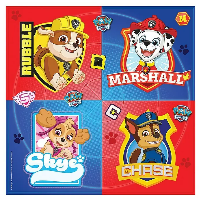 Serviette - 16 Stk., 33 x 33 cm, Paw Patrol - Ein quadratisches Bild mit den Paw Patrol Charakteren Rubble, Marshall, Skye und Chase, jeweils in ihren typischen Farben.