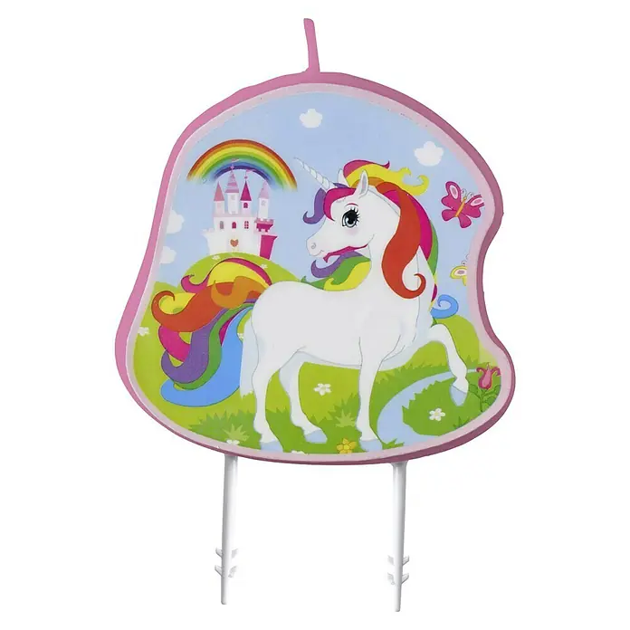 Dekokerze Figurenkerze - 1 Stk., Einhorn - Ein verspieltes Kerzendesign mit einem Einhorn, Regenbogen und Schloss, ideal für Kindergeburtstage und fantasievolle Feiern.
