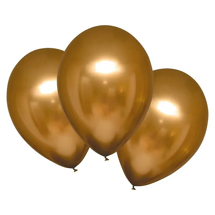 Luftballon Satin Luxe - 6 Stk., Gold, Durchmesser: 27,5 cm - Nahaufnahme von drei glänzenden, goldenen Luftballons vor einem schwarzen Hintergrund. Dekorative Ballons für Feiern und festliche Anlässe.