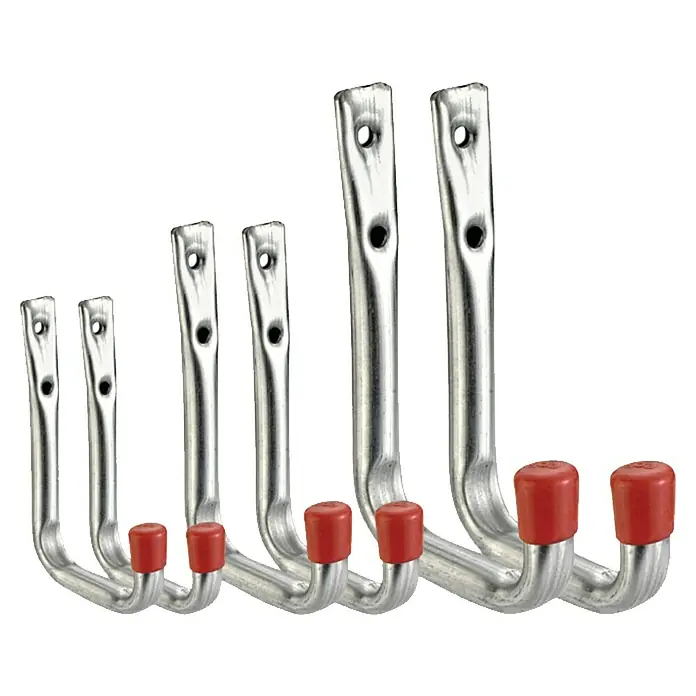 Connex Set de ganchos - 6 pzs. - Varios tamaños de ganchos de pared de metal con tapas rojas. Prácticos ganchos para guardar en taller y garaje.