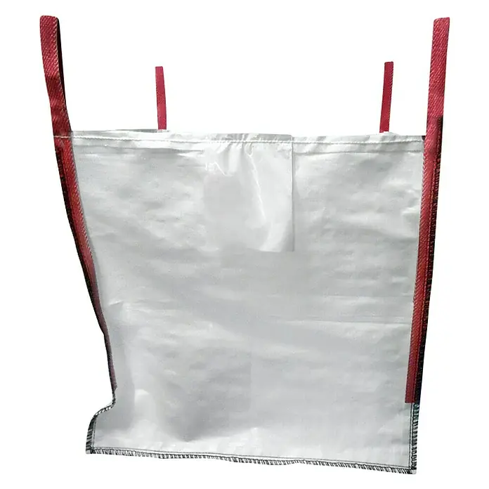 Big Bag - 60 x 60 x 60 cm, Tragkraft: 1.000 kg, 4-Punkt-Aufhängung - Ein weißer Big Bag mit roten Trageschlaufen, ideal für den Transport von Schüttgütern. Der robuste Sack bietet Stabilität und ist einfach zu handhaben.