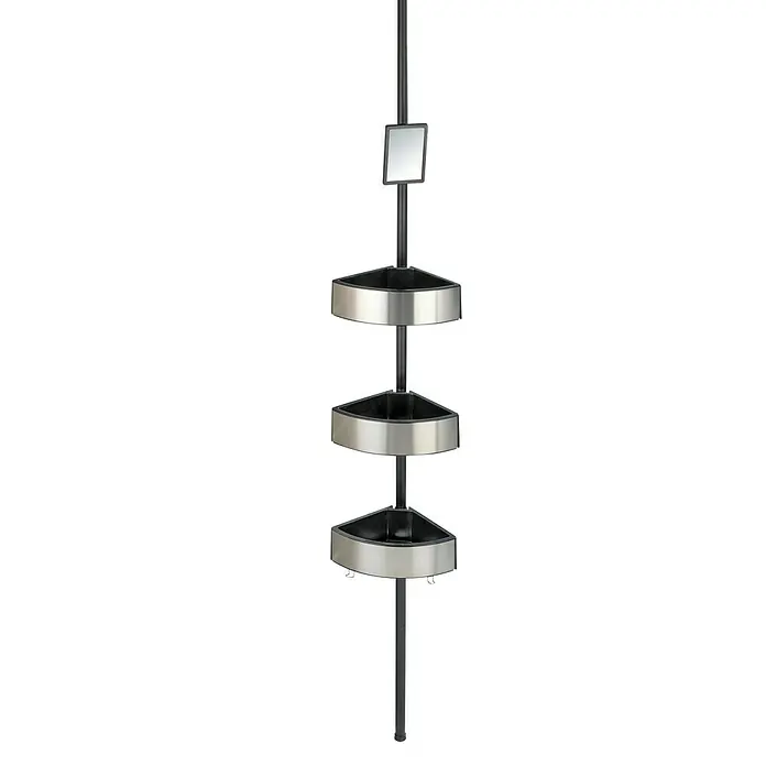 Wenko Teleskop-Eckregal Premium Big Black - Höhenverstellung: 70 cm - 260 cm, 3-stöckig, Edelstahl/Schwarz - Eckduschregal mit drei Ablagen und einem Spiegel. Das Regal ist aus Metall und hat eine schwarze Stange.