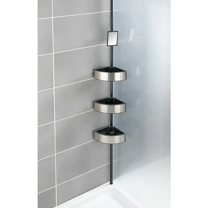 Wenko Teleskop-Eckregal Premium Big Black - Höhenverstellung: 70 cm - 260 cm, 3-stöckig, Edelstahl/Schwarz - Eckregal aus Metall und Kunststoff mit drei Ablagen und einem kleinen Spiegel zur Aufbewahrung von Badutensilien.