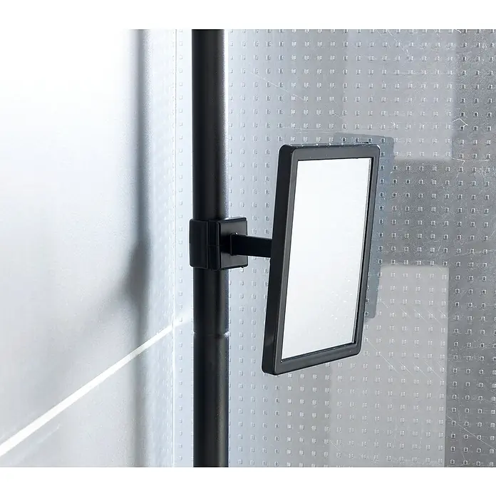 Wenko Teleskop-Eckregal Premium Big Black - Höhenverstellung: 70 cm - 260 cm, 3-stöckig, Edelstahl/Schwarz - Nahaufnahme eines rechteckigen, schwarzen Kosmetikspiegels, der an einer Duschstange befestigt ist, ideal für die tägliche Badroutine.