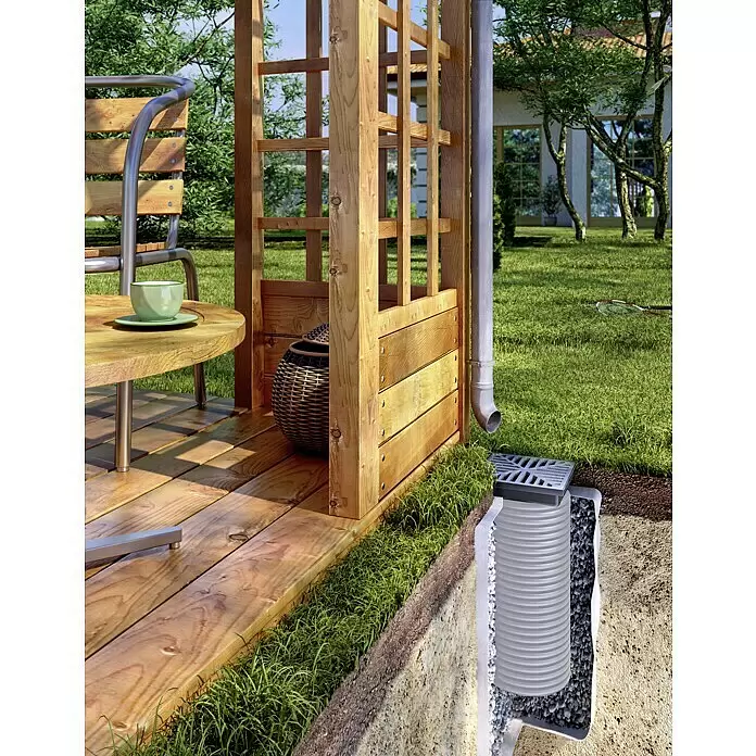ACO Pozo de drenaje - 25,5 x 25,5 x 57,5 cm, Plástico - Sistema de drenaje corrugado gris con rejilla en corte, rodeado de grava, recogiendo agua de lluvia de un bajante junto a una terraza de madera.