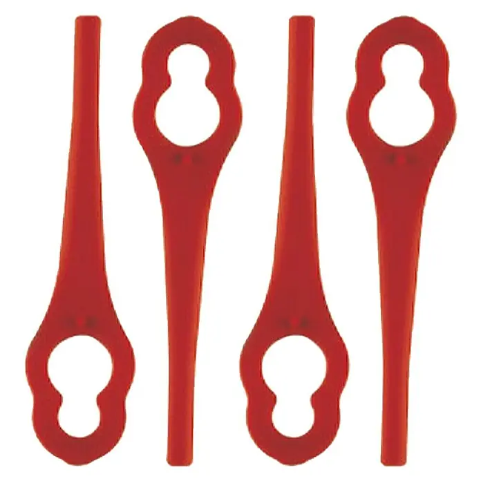 Einhell Power X-Change 18V Akku-Rasentrimmer - 18 V, 2 Ah, Li-Ionen, 1 Akku, Schnittbreite Messer: 24 cm - Nahaufnahme von vier roten Rasentrimmerklingen, die für einen präzisen und effizienten Grasschnitt ausgelegt sind.