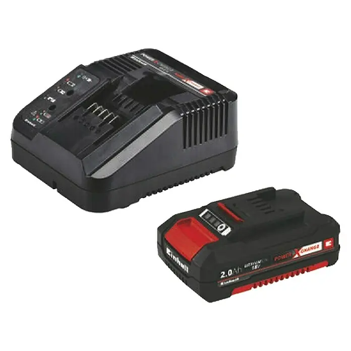 Einhell Power X-Change 18V Akku-Rasentrimmer - 18 V, 2 Ah, Li-Ionen, 1 Akku, Schnittbreite Messer: 24 cm - Ein Einhell Power X-Change Akku und ein Ladegerät sind abgebildet. Das System ist für viele Einhell Werkzeuge verwendbar.