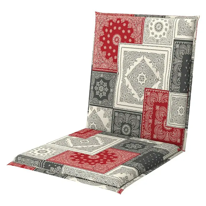 Doppler Gartenmöbel-Auflage Motion - Niederlehner, Rot Orient, L x B x H: 100 x 52 x 8 cm, Baumwoll-Polyester-Mischgewebe - Sitzkissen mit farbenfrohem Patchwork-Muster im angesagten Bandana-Stil für Stühle und Bänke, das jeden Raum aufwertet.