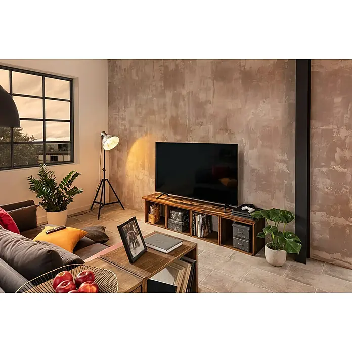 SCHÖNER WOHNEN-Farbe Trendstruktur Effektspachtel Loft-Optik - Grau, 4 kg, Matt - Wohnzimmer mit einem großen Fernseher auf einem Holzschrank, einer Stehlampe und Zimmerpflanzen für eine gemütliche Atmosphäre.