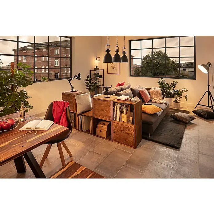 Regalux Regalwürfel - 45,6 x 35 x 39 cm, Nadelholz - Wohnzimmer mit modularem Holzregal, das als Raumteiler dient, ergänzt durch eine gemütliche Couch und stilvolle Beleuchtung.