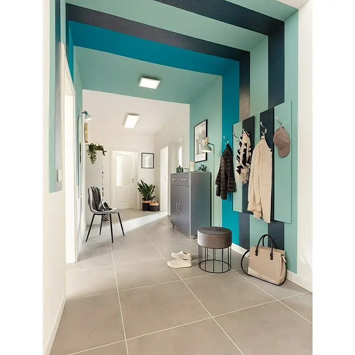 Tween Light LED-Panel RC-CCT-DIM - 18 W, L x B x H: 30 x 30 x 5 cm, Weiß, Mehrfarbig - Moderne Fluransicht mit Garderobe, Schuhschrank und Sitzhocker in Grau und Blau. Helle Fliesen und farbige Akzente schaffen eine freundliche Atmosphäre.