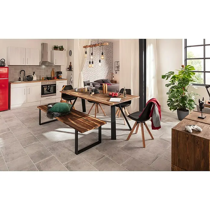 Eglo Townshend Lámpara colgante - An x Al: 10 x 110 cm, Negro, 360 W - Un acogedor comedor con una llamativa mesa de madera y un banco a juego, complementado con sillas elegantes y una decoración moderna.