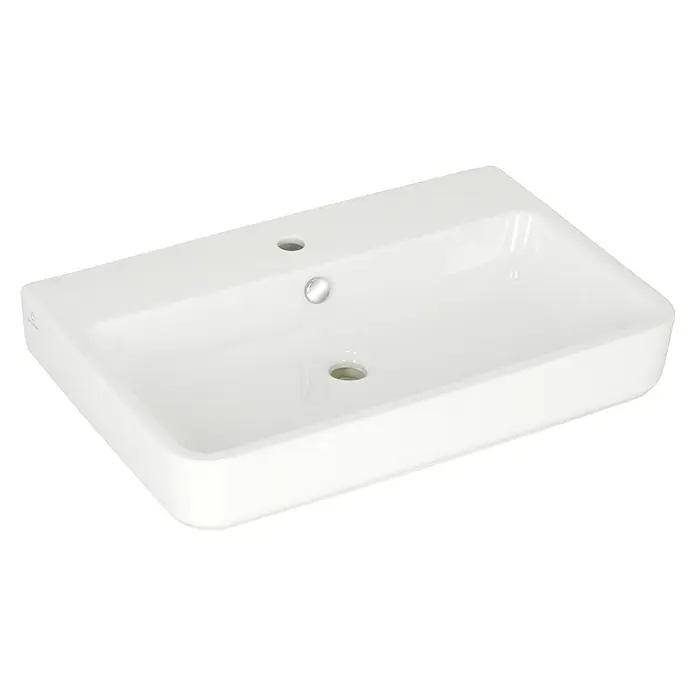 Camargue San Francisco Waschtisch - 70 x 45,5 cm, Ohne Spezialglasur, Hahnloch: Mitte, Mit Überlauf, Weiß - Ein weißes Keramikwaschbecken mit einer rechteckigen Form und abgerundeten Kanten, das eine moderne Ästhetik für Badezimmer bietet.