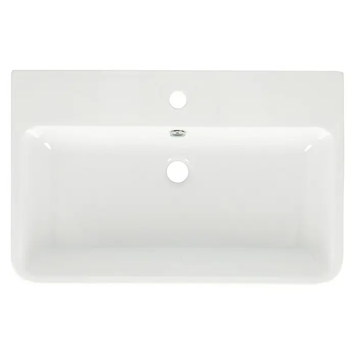 Camargue San Francisco Waschtisch - 70 x 45,5 cm, Ohne Spezialglasur, Hahnloch: Mitte, Mit Überlauf, Weiß - Keramikwaschbecken in Weiß, Top-Ansicht. Das Waschbecken hat Löcher für Wasserhahn und Ablauf.