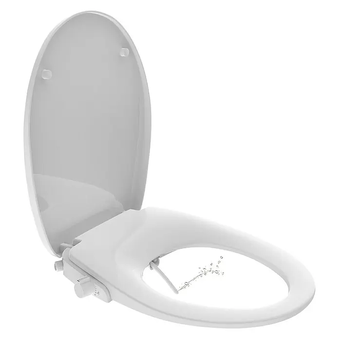 Bemis Dusch-WC-Sitz Pure Clean - Duroplast, Weiß, Mit Absenkautomatik - Eine Nahaufnahme eines weißen Bidet-Aufsatzes mit einem geöffneten Deckel, der die Bedienelemente und die Reinigungsdüse hervorhebt.