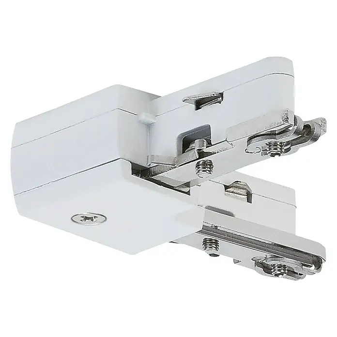 Paulmann URail L-Verbinder - L x B x H: 6,2 x 6,2 x 1,8 cm, Weiß - Nahaufnahme eines weißen Stromschienenverbinders mit Metallelementen. Ideal für flexible Beleuchtungslösungen im Innenbereich.