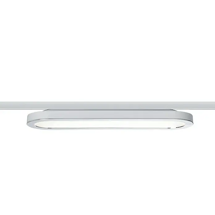 Paulmann URail LED-Panel Loop - 8 W, Weiß, L x B x H: 380 x 110 x 35 mm - Nahaufnahme einer weißen LED-Deckenleuchte mit abgerundeten Kanten, die ein modernes und helles Lichtdesign zeigt.
