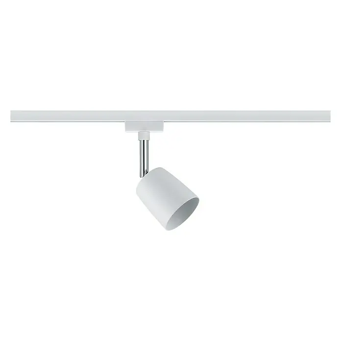 Paulmann URail LED-Spot Cover - 10 W, Weiß, Chrom, GU10 - Weiße LED-Schienenleuchte mit zylindrischem Kopf an einer weißen Schiene befestigt, ideal für zielgerichtete Beleuchtung in modernen Innenräumen.