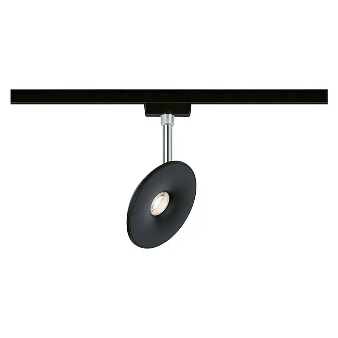 Paulmann URail LED-Spot Sphere - Schwarz, Chrom, L x B x H: 32 x 119,8 x 183 mm - Nahaufnahme einer schwarzen Schienenleuchte mit silbernem Arm an einer schwarzen Schiene.